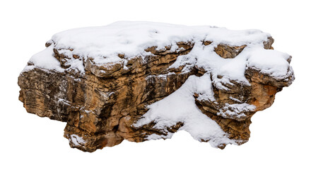Large rugged limestone rock formation covered in fresh white snow isolated on white background © Ophelia