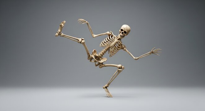Full body shot of human skeleton jumping and dancing in dynamic midair pose over neutral gray studio backdrop