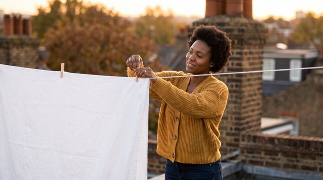 Content woman hanging white bedsheet on rooftop clothesline at sunset over brick chimneys