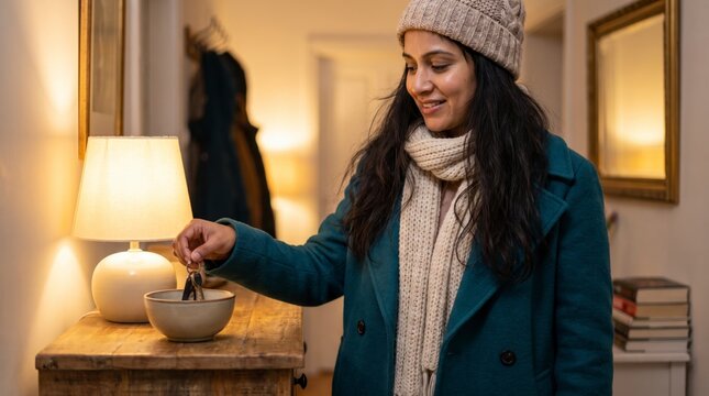 Welcoming woman dropping keys in bowl in warm cozy entryway wearing winter coat and beanie
