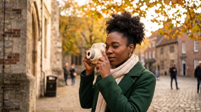 Focused woman taking photo with instant camera in autumn old town wearing green coat
