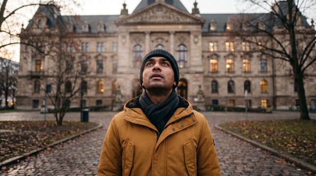 Contemplative man looking up at grand historic building in autumn wearing mustard parka and beanie