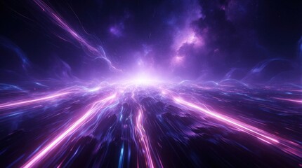 Fototapeta premium Abstract cosmic background with glowing light trails, deep ultraviolet hues. Dynamic motion lines move through mystic space towards bright light source. Dreamlike purple nebula clouds float in dark