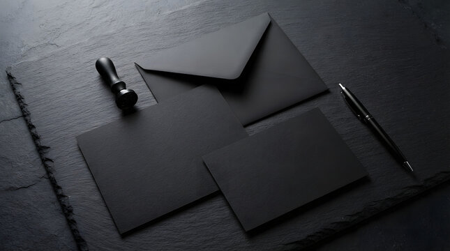 Elegant black stationery mockup featuring blank cards an envelope a wax seal stamp and a pen on a dark stone background