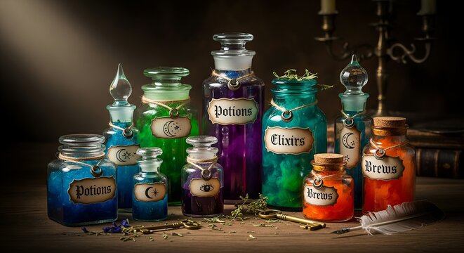 Assorted old glass jars filled with glowing blue purple green and orange magic liquid labeled potions elixirs and brews arranged on dark wood
