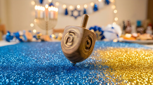 Wooden Hanukkah dreidel spinning on blue and gold glitter surface with menorah background