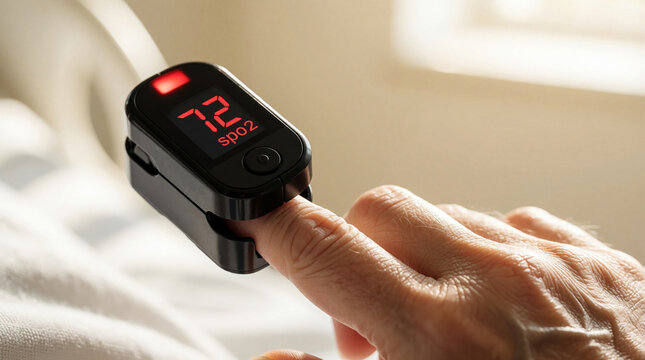 Macro shot of pulse oximeter on elderly finger. Device shows 72 percent spo2 level on digital screen with red light. Medical sensor monitors oxygen saturation, heart rate for patient health checkup