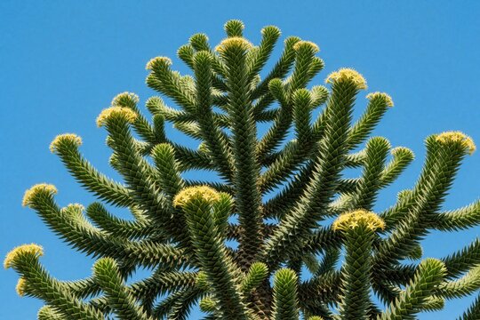 Close up of monkey puzzle tree branches with sharp green needles. Unique Araucaria araucana plant grows against clear blue sky. Exotic evergreen conifer foliage shows geometric patterns in nature