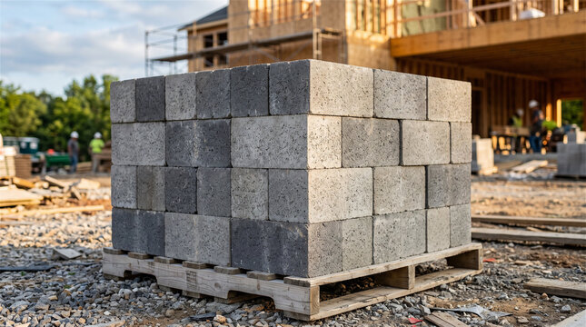 Cinder blocks stacked high on a wooden pallet at an active residential construction site.