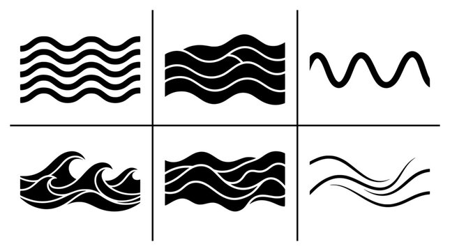 Wave silhouettes set with ocean, sea and water crests for design and logos
