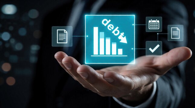 Businessman hand holds glowing digital icon showing debt reduction with bar chart. Virtual interface displays decreasing financial loss, growth data. Concept of money management, budget planning,