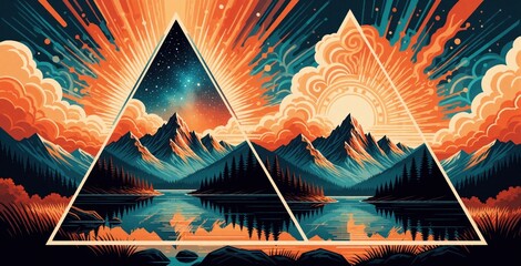 Fototapeta premium Abstract art shows mountain landscape inside two large triangles. Sun rays burst through clouds over lake, forest. Colorful cosmic sky meets sunrise over peaks. Geometric nature design with pine