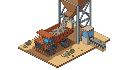Isometric Mining Dump Truck Loading Ore Into Conveyor System Illustration. © Jangansampai