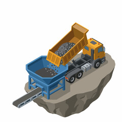 Isometric Mining Dump Truck Unloading Rocks Into Processing Plant. © Jangansampai