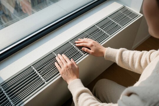Person adjusts modern white radiator near window in home. Hand touches heater grill to control indoor temperature. Man manages heating energy, utility costs during winter. Efficient thermal