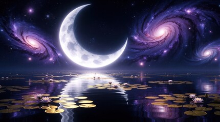 Fototapeta premium Giant crescent moon glows above calm dark lake with water lilies. Purple galaxy spirals, cosmic nebula swirl in night sky. Surreal fantasy landscape with stars, milky way reflected in peaceful water