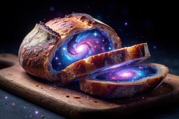 Fototapeta premium Surreal sliced bread loaf glowing cosmic galaxy, starry nebula inside. Magic space universe hidden in fresh bakery bread on wooden board. Creative fantasy food concept with blue, purple light in dark