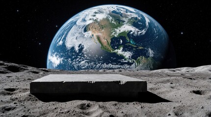 Fototapeta premium View of planet Earth from moon surface with empty stone platform. Large blue world hangs in dark starry space above lunar landscape. Cosmic background shows bright stars, silent vacuum. Perfect for