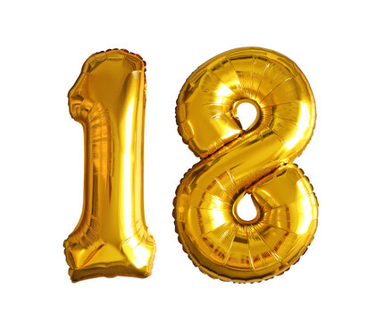 Golden inflatable 18 number foil balloons isolated on white background. Props for birthday and coming-of-age celebration, party decoration.