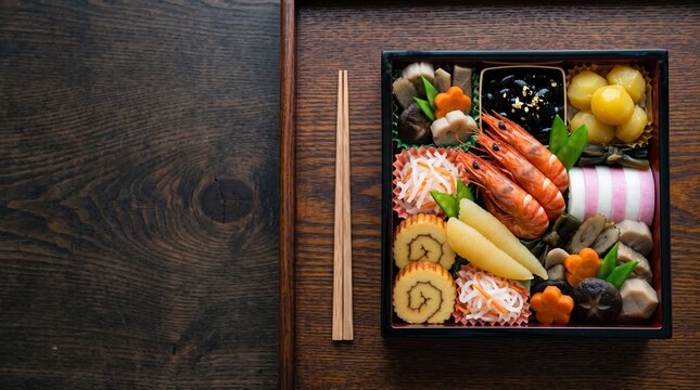 黒い漆塗りの重箱に詰めたおせち料理と箸を真上から撮影した正月の料理、木のテーブルのコピースペース