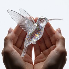 Naklejka premium Human hands hold delicate crystal hummingbird figurine. Transparent glass bird with iridescent colorful scales shines on white background. Small luxury ornament shows fine craft details. Precious