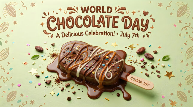 World Chocolate Day Celebration Banner with Delicious Chocolate Ice Cream Bar and Sprinkles on Light Green Background
