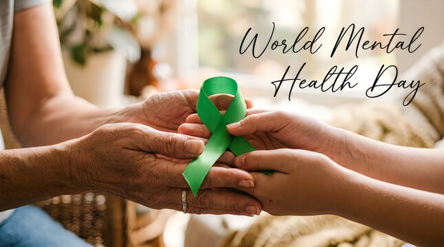 World Mental Health Day green ribbon held by senior and young hands supporting awareness