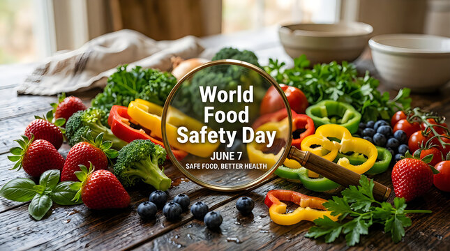 Fresh vegetables and fruits arranged on a rustic wooden table with magnifying glass for World Food Safety Day