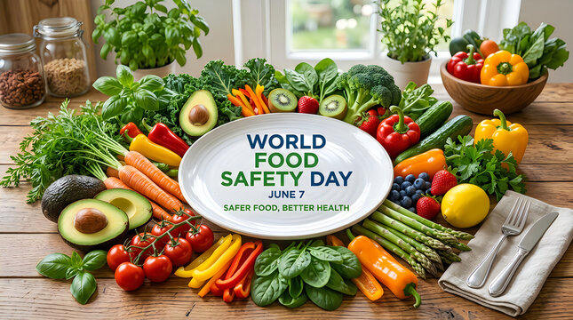 Fresh Vegetables and Fruits Arrangement with White Plate for World Food Safety Day Concept
