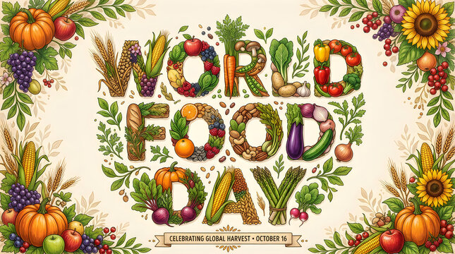 World Food Day typography made from fresh vegetables, fruits, and grains on light background