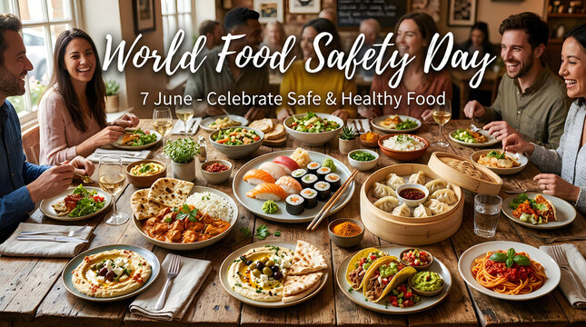 Diverse group of friends celebrating World Food Safety Day together sharing a multicultural feast