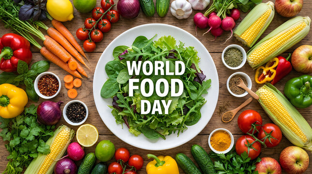 Fresh Organic Vegetables and Salad Bowl Flat Lay for World Food Day Celebration