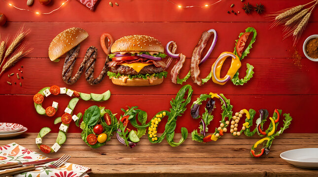 Gourmet Cheeseburger and Fresh Salad Ingredients Arranged to Spell Love on Red Wooden Background