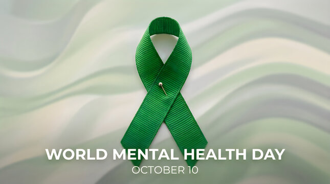 World Mental Health Day Green Ribbon Banner with Text Space and Pin