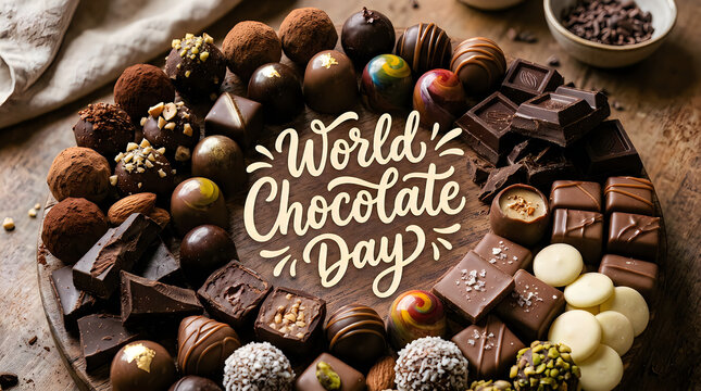 Assorted gourmet chocolate truffles and pralines arranged on a wooden board for World Chocolate Day celebration