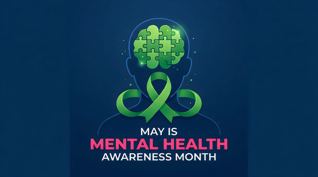Mental health awareness month vector illustration with human brain puzzle and green ribbon symbol on dark background