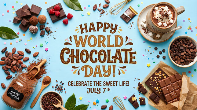 Happy World Chocolate Day Flat Lay with Cocoa Powder, Chocolate Chunks, and Mugs on Blue Background