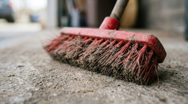 Close up of dirty red outdoor broom head on concrete surface