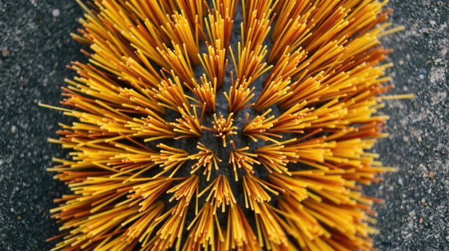 Top view close up of stiff yellow bristles on cleaning brush