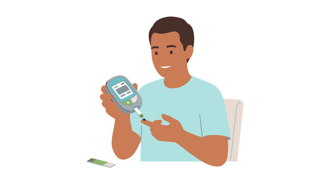 Man checks blood sugar with glucose meter, diabetes monitoring