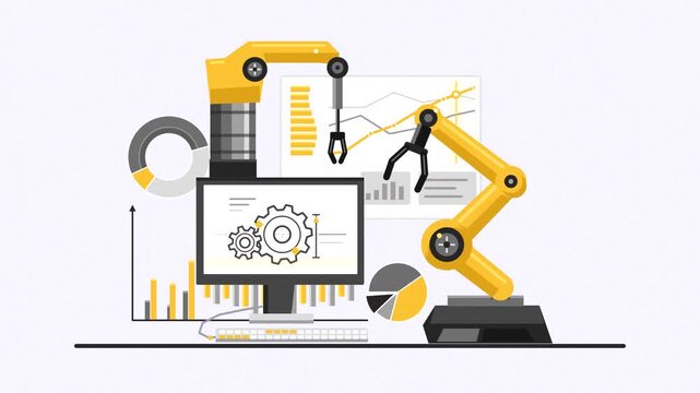 Flat vector illustration of industrial robotic arms working with data charts and computer monitor