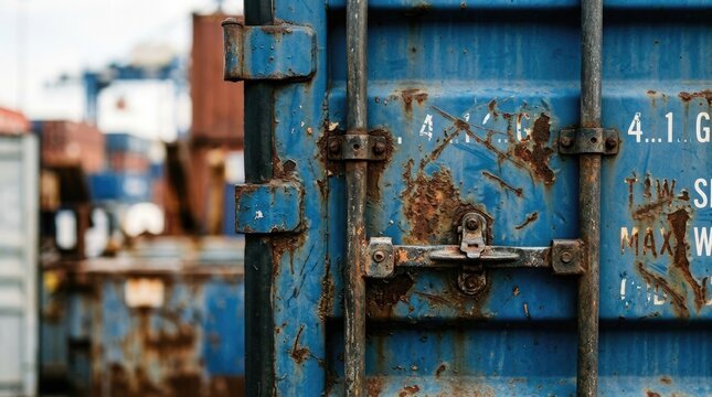 Close up of rusty blue shipping container lock in cargo yard