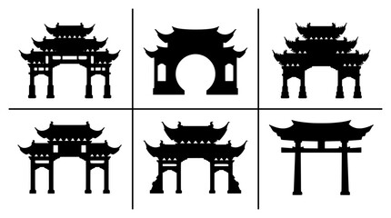 Chinese gate silhouettes set with traditional archways for travel and culture themes © Mitu321