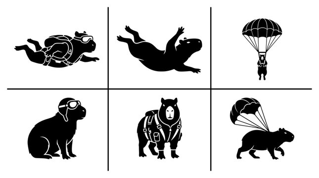 Capybara silhouettes set with skydiving, parachute jump and aviator gear for logo or print
