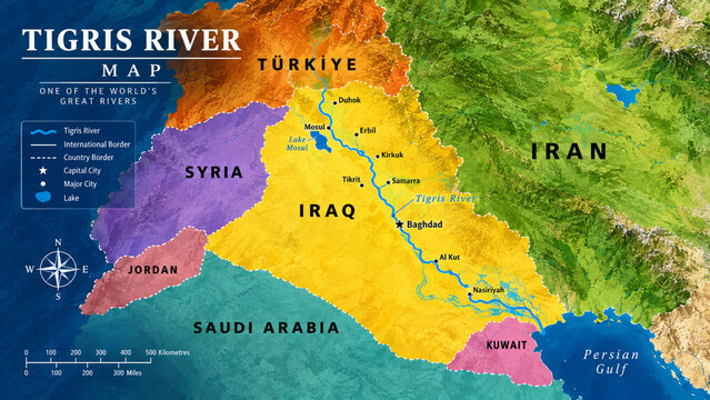 Geographical map of the Tigris River in the Middle East region