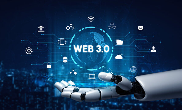 Futuristic Robot Hand Reaching Out to Symbols Representing Web 3.0 Technology and Digital Connectivity in a High-Tech Environment. Entropy.