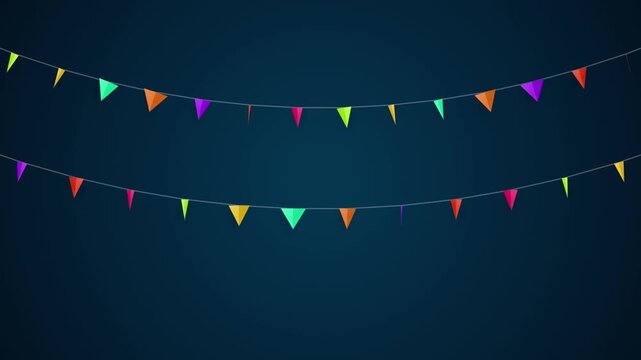 Party flags flutter on strings festive background celebration.