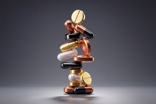 A precarious tower of assorted medicinal pills and capsules stands tall, symbolizing the complex and often delicate nature of healthcare.