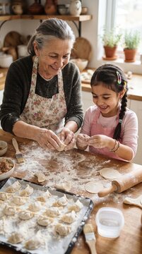 Grandmother and granddaughter happily making dumplings together in a kitchen