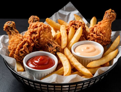 Crispy fried chicken drumsticks, golden french fries in black basket. Tasty fast food snacks served with red tomato ketchup, creamy mayo sauce. Delicious junk food combo on dark background for